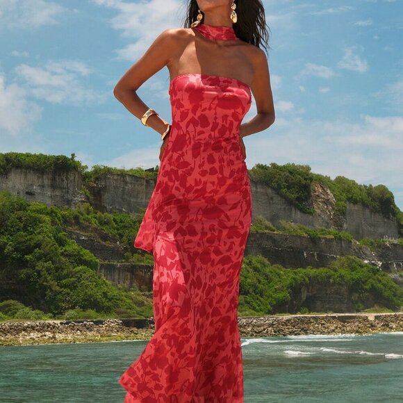 Red Casual Women's Beach Fairycore Wedding Party Elegant Knitted Mesh Print Form - Picture 4 of 8